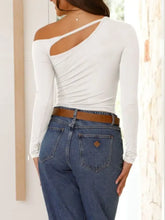 White Long Sleeve Cutout Top with Blue Jeans for Women Woman T Shirts