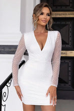 White Long Sleeve Mini Dress with Open Back and Sheer Patterned Sleeves Evening Dresses