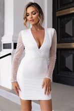 White Long Sleeve Mini Dress with Open Back and Sheer Patterned Sleeves Evening Dresses