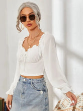 White Long Sleeve Peasant Crop Top with Ruffle Detail Woman T Shirts
