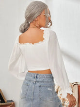 White Long Sleeve Peasant Crop Top with Ruffle Detail Woman T Shirts