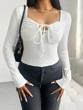 White Long Sleeve Tie Front Top with Stretchy Opaque Fabric White Woman T Shirts