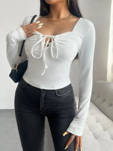 White Long Sleeve Tie Front Top with Stretchy Opaque Fabric Woman T Shirts