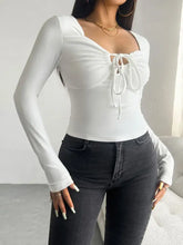 White Long Sleeve Tie Front Top with Stretchy Opaque Fabric Woman T Shirts