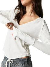 White Long Sleeve V Neck Womens Shirt with Thumb Holes White Woman T Shirts