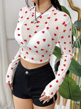 White Mesh Crop Top with Red Heart Pattern Woman T Shirts