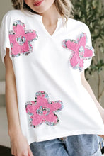 White Oversized T-Shirt with Pink Floral Appliqués Woman T Shirts