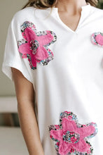 White Oversized T-Shirt with Pink Floral Appliqués Woman T Shirts
