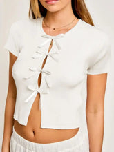 White Ribbed Knit Tie Front Top with Ribbon Bows White Woman T Shirts