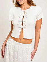 White Ribbed Knit Tie Front Top with Ribbon Bows Woman T Shirts