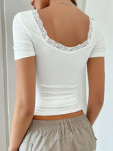 White Ribbed Square Neck Lace Trim Top Woman T Shirts