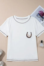 White Rodeo Horseshoe Embroidered Pocket T Shirt for Women Woman T Shirts