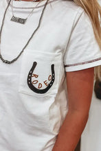 White Rodeo Horseshoe Embroidered Pocket T Shirt for Women Woman T Shirts