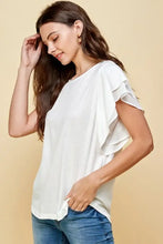 White Round Neck Double Ruffle Cap Sleeve Top for Women Woman T Shirts