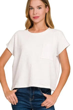 White Round Neck Short Sleeve Pocket Cropped T Shirt for Women OFF WHITE Woman T Shirts