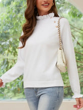 White Ruffled Neck Sweater with Decorative Button Detail Woman T Shirts