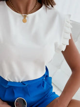 White Ruffled Round Neck Cap Sleeve Blouse for Women Woman T Shirts