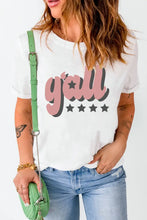 White short sleeve round neck yall graphic t-shirt with pink text and black stars