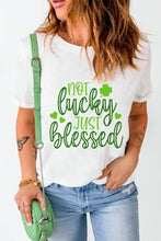 White short sleeve t-shirt with green shamrock and Not Lucky Just Blessed text