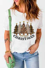 White short sleeve t-shirt with merry Christmas graphic of trees