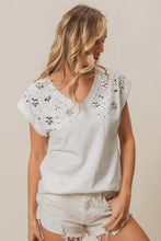 White Slub Jersey Rhinestone V-Neck T-Shirt for Women Woman T Shirts