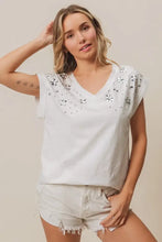 White Slub Jersey Rhinestone V-Neck T-Shirt for Women Woman T Shirts