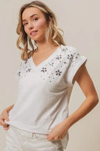 White Slub Jersey Rhinestone V-Neck T-Shirt for Women Woman T Shirts