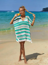 White Striped Crochet Beach Cover Up in Green and White Swimwear Cover-Ups