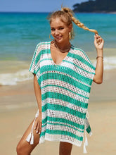 White Striped Crochet Beach Cover Up in Green and White Turquoise One Size Swimwear Cover-Ups