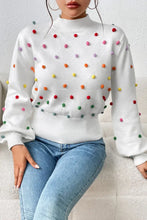 White Mock Neck Sweater with Colorful Pom Poms and Long Sleeves White Sweater Pullovers