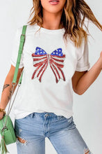 White T-Shirt with American Flag Bow Sequin Detail White Woman T Shirts