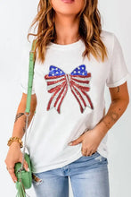 White T-Shirt with American Flag Bow Sequin Detail Woman T Shirts