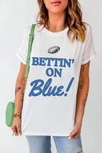 White T-Shirt with Blue Football Graphic and Bettin on Blue Text Woman T Shirts