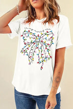 White T Shirt with Christmas Light Bow Graphic for Women White Woman T Shirts