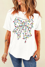 White T Shirt with Christmas Light Bow Graphic for Women Woman T Shirts
