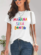White T-Shirt with Colorful Text Basic Opaque Stretchy Polyester Blend White Woman T Shirts