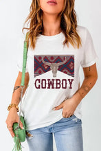 White t shirt with cowboy graphic: bull skull and Aztec pattern