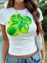 White T-Shirt with Green Floral Design for Women Woman T Shirts