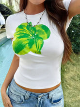 White T-Shirt with Green Floral Design for Women Woman T Shirts