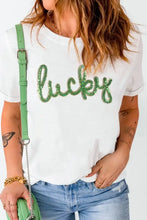 White T-Shirt with Green Lucky Sequin Lettering for Women Woman T Shirts