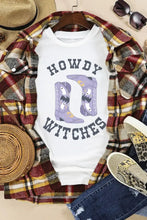 White T-Shirt with Howdy Witches Cowboy Boot Graphic Woman T Shirts