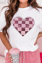 White T-Shirt with Pink Checkered Heart and Sequin Detail White Woman T Shirts
