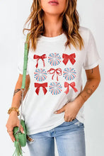 White T-Shirt with Red Bows and Firework Design for Women Woman T Shirts