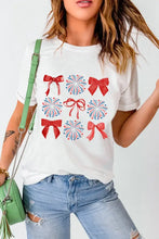 White T-Shirt with Red Bows and Firework Design for Women Woman T Shirts
