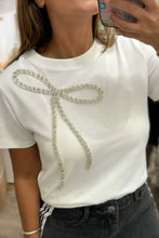 White T-Shirt with Rhinestone Bow for Women White Woman T Shirts