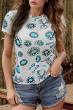 White T-Shirt with Turquoise Jewelry Print for Women Light Blue Woman T Shirts