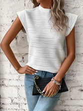 White Textured Mock Neck Cap Sleeve Top for Women Woman T Shirts