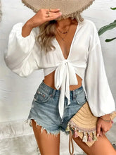 White Tie Front Semi Sheer Blouse Swimwear Cover Up Swimwear Cover-Ups