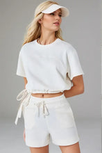 White Tie Waist Crop Top with Moderate Stretch for Women Woman T Shirts