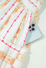 White Boho Tiered Mini Dress with Pink and Orange Pattern Casual Dresses